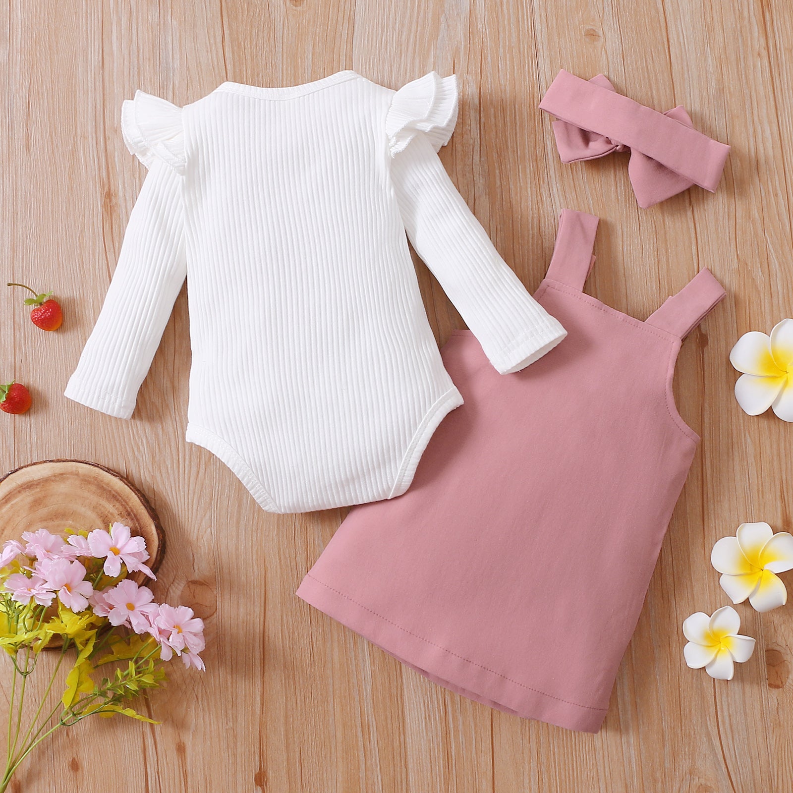 2021-06-19 Lioraitiin 0-18M Infant Baby Girl 2Pcs Autumn Clothing Long Sleeve Solid Romper Top Suspender Skirt 2Colors