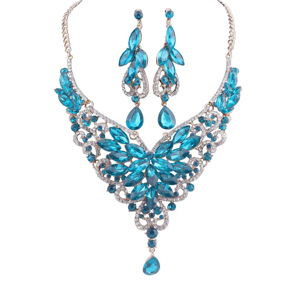 Women Bridal Crystal Rhinestone Choker Statement Gold Color Necklace Earrings Jewelry Set Gifts Fit With Wedding Party Dress