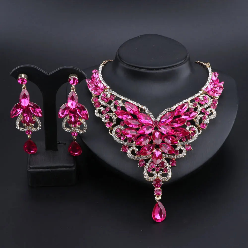 Women Bridal Crystal Rhinestone Choker Statement Gold Color Necklace Earrings Jewelry Set Gifts Fit With Wedding Party Dress