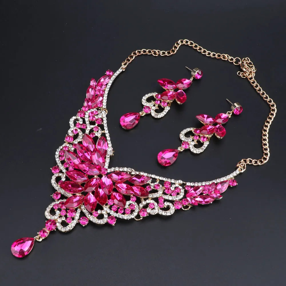 Women Bridal Crystal Rhinestone Choker Statement Gold Color Necklace Earrings Jewelry Set Gifts Fit With Wedding Party Dress