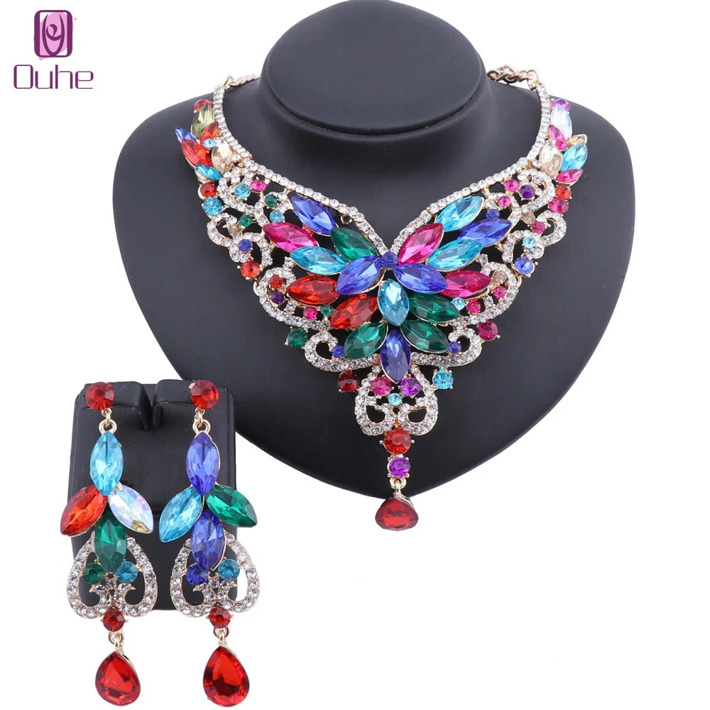 Women Bridal Crystal Rhinestone Choker Statement Gold Color Necklace Earrings Jewelry Set Gifts Fit With Wedding Party Dress