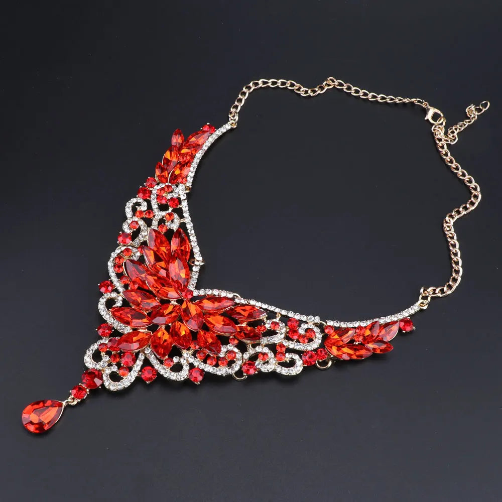 Women Bridal Crystal Rhinestone Choker Statement Gold Color Necklace Earrings Jewelry Set Gifts Fit With Wedding Party Dress