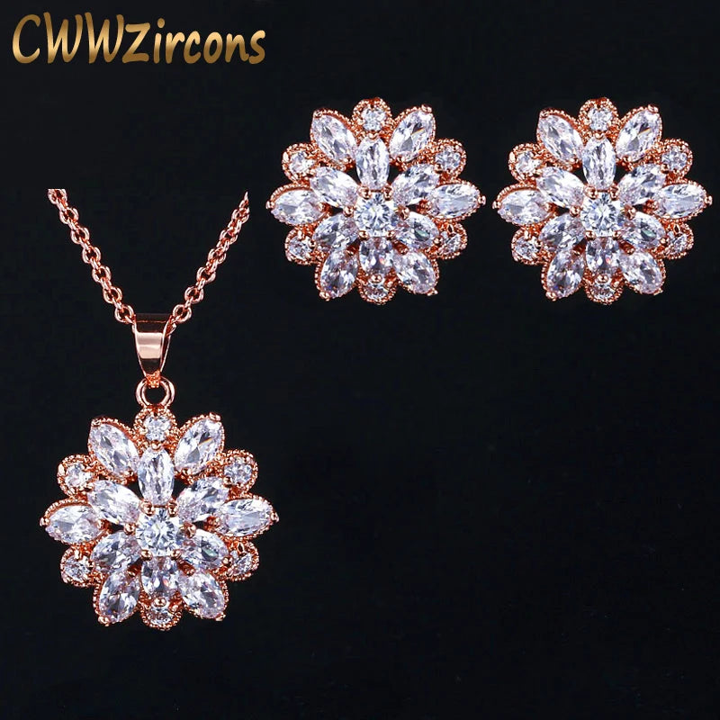 CWWZircons Brand Clear White CZ Crystal Rose Gold Color Flower Earrings And Necklace Jewelry Set For Ladies Fashion Gift T179