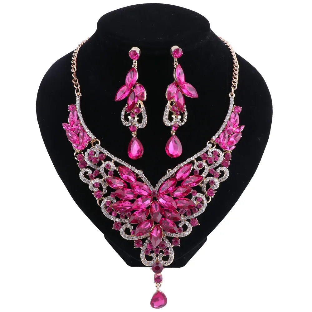 Women Bridal Crystal Rhinestone Choker Statement Gold Color Necklace Earrings Jewelry Set Gifts Fit With Wedding Party Dress