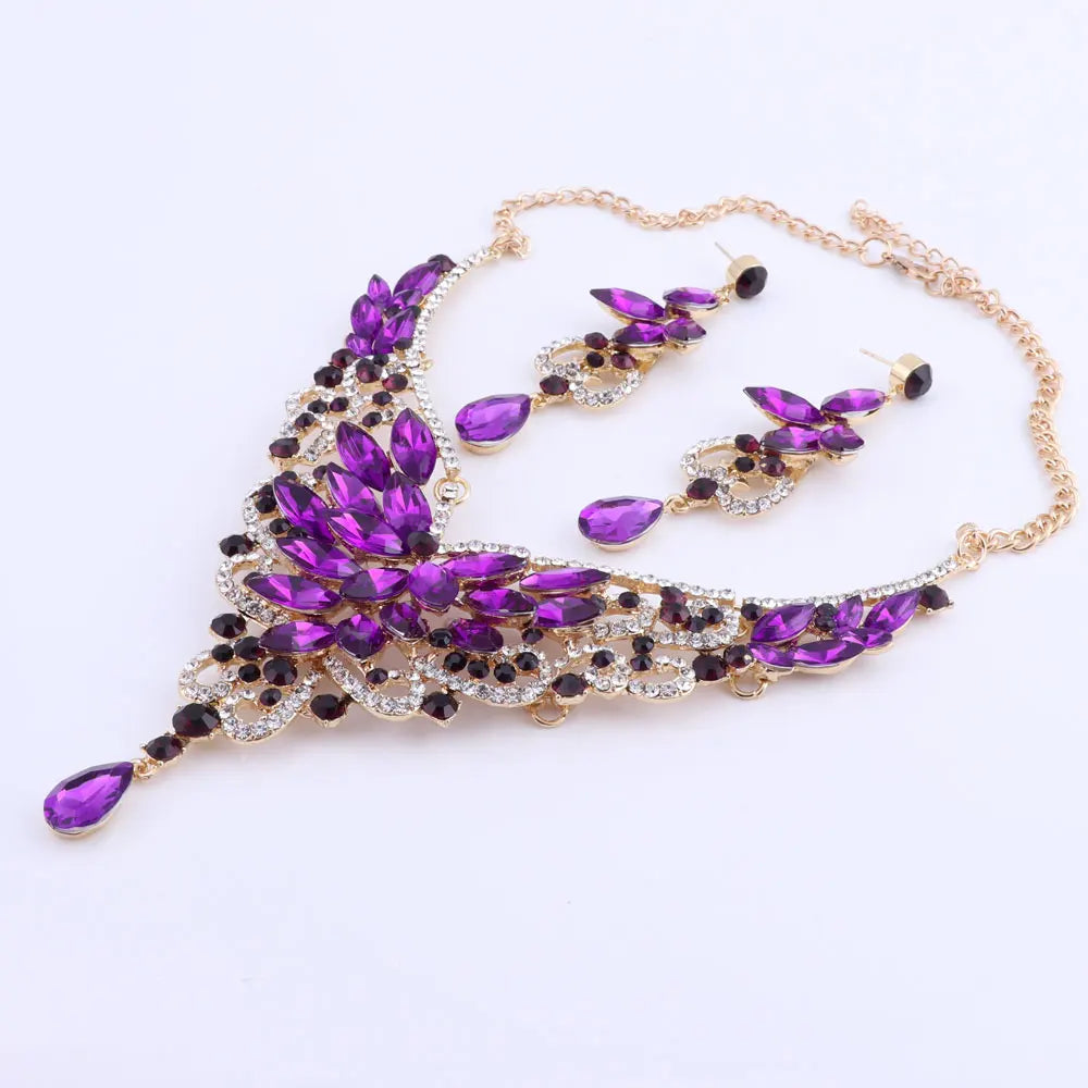 Women Bridal Crystal Rhinestone Choker Statement Gold Color Necklace Earrings Jewelry Set Gifts Fit With Wedding Party Dress