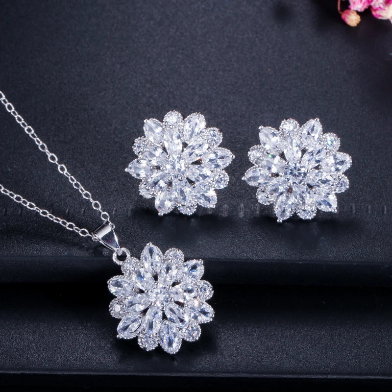CWWZircons Brand Clear White CZ Crystal Rose Gold Color Flower Earrings And Necklace Jewelry Set For Ladies Fashion Gift T179