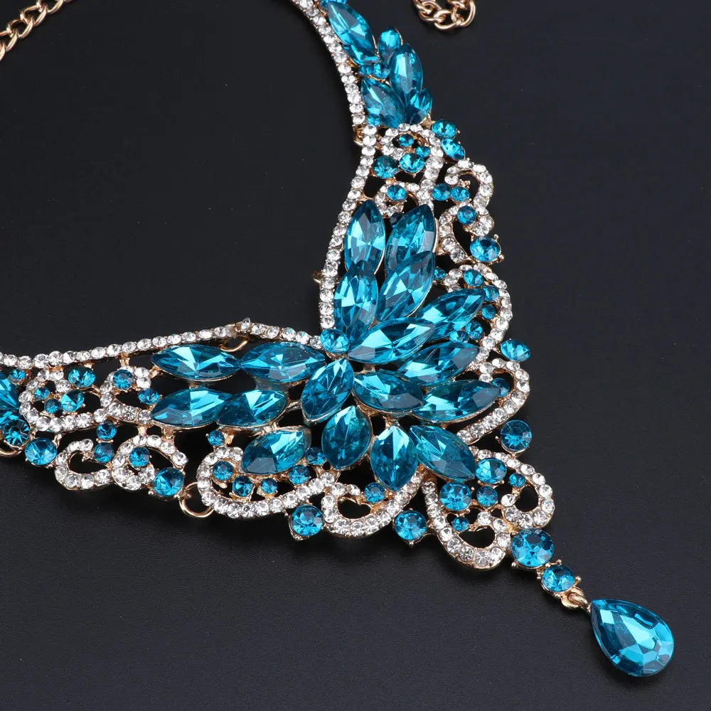 Women Bridal Crystal Rhinestone Choker Statement Gold Color Necklace Earrings Jewelry Set Gifts Fit With Wedding Party Dress