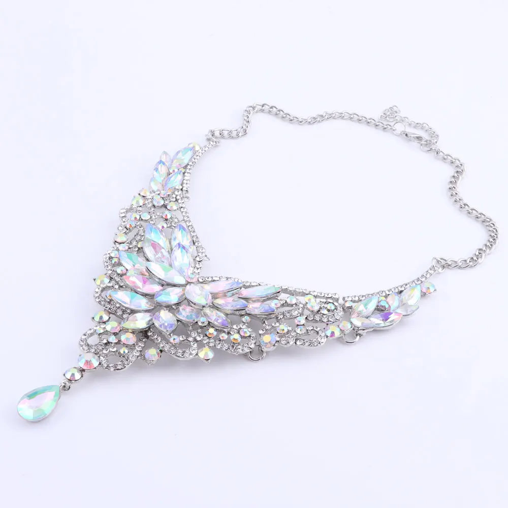 Women Bridal Crystal Rhinestone Choker Statement Gold Color Necklace Earrings Jewelry Set Gifts Fit With Wedding Party Dress