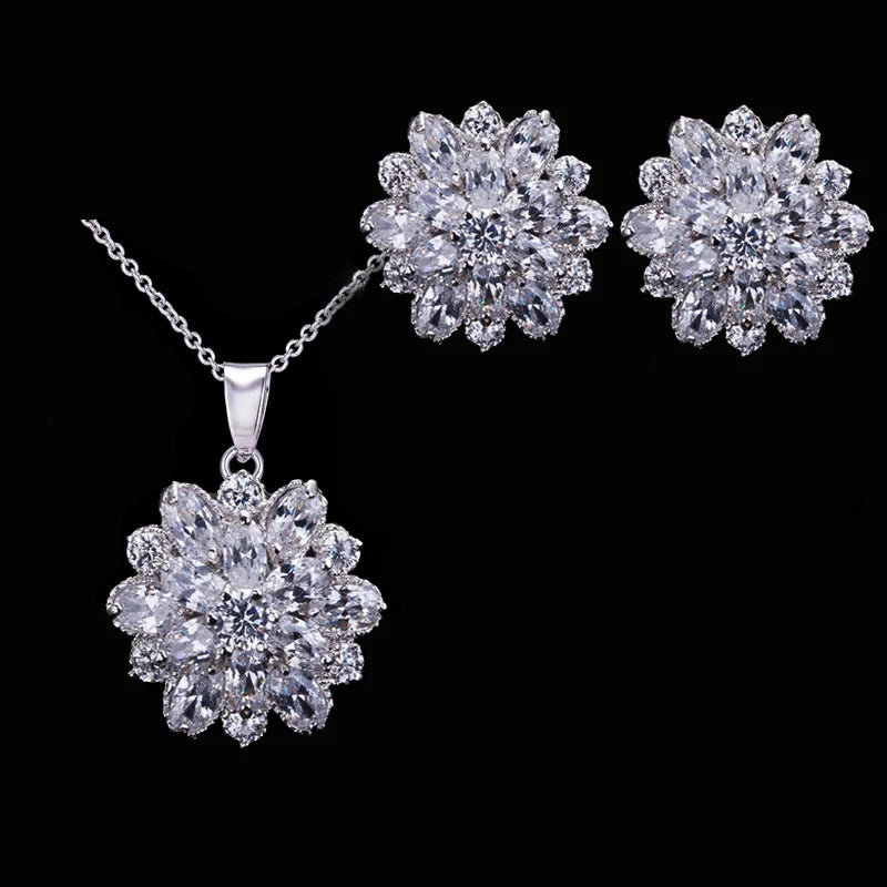 CWWZircons Brand Clear White CZ Crystal Rose Gold Color Flower Earrings And Necklace Jewelry Set For Ladies Fashion Gift T179