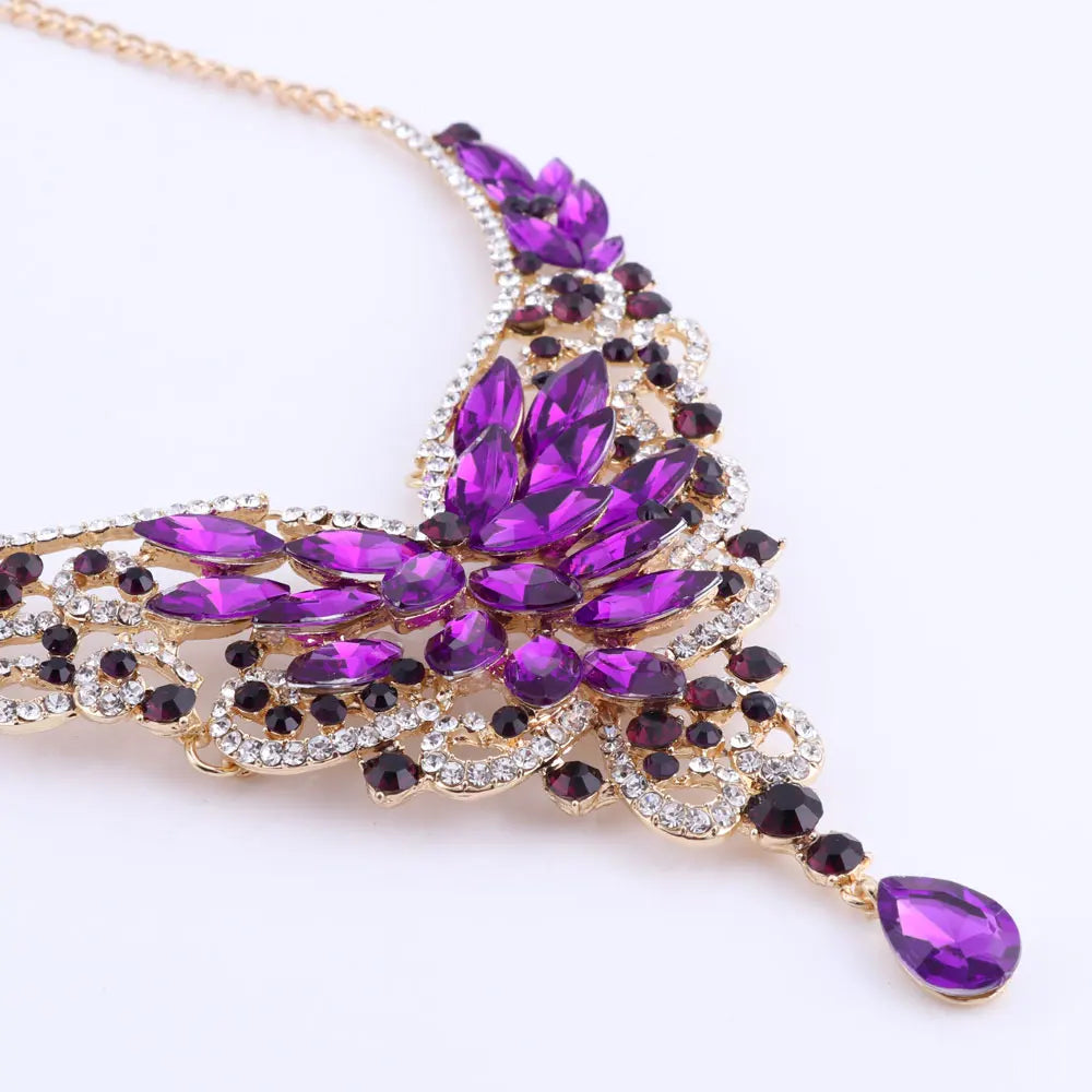 Women Bridal Crystal Rhinestone Choker Statement Gold Color Necklace Earrings Jewelry Set Gifts Fit With Wedding Party Dress