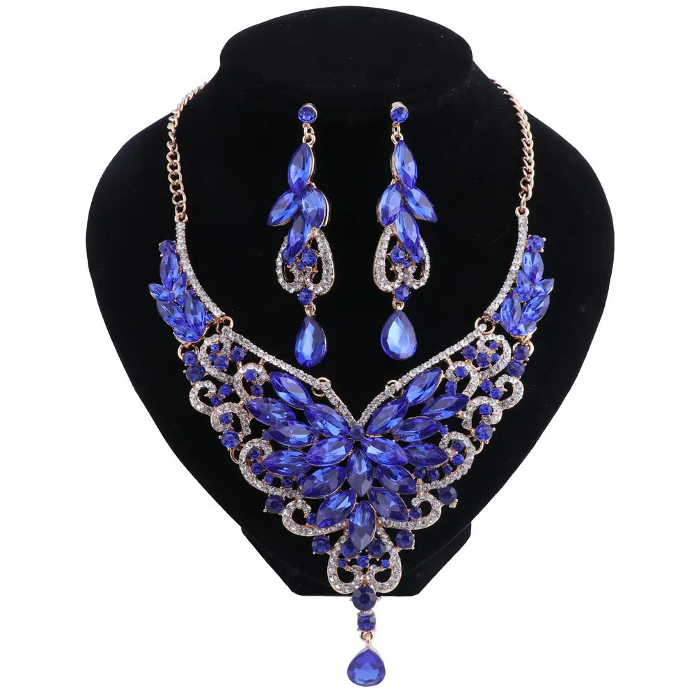 Women Bridal Crystal Rhinestone Choker Statement Gold Color Necklace Earrings Jewelry Set Gifts Fit With Wedding Party Dress