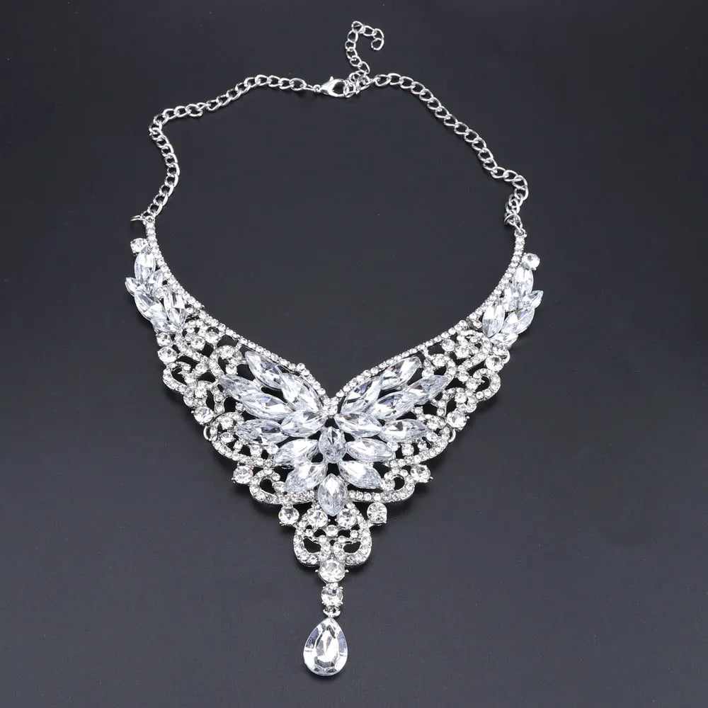 Women Bridal Crystal Rhinestone Choker Statement Gold Color Necklace Earrings Jewelry Set Gifts Fit With Wedding Party Dress