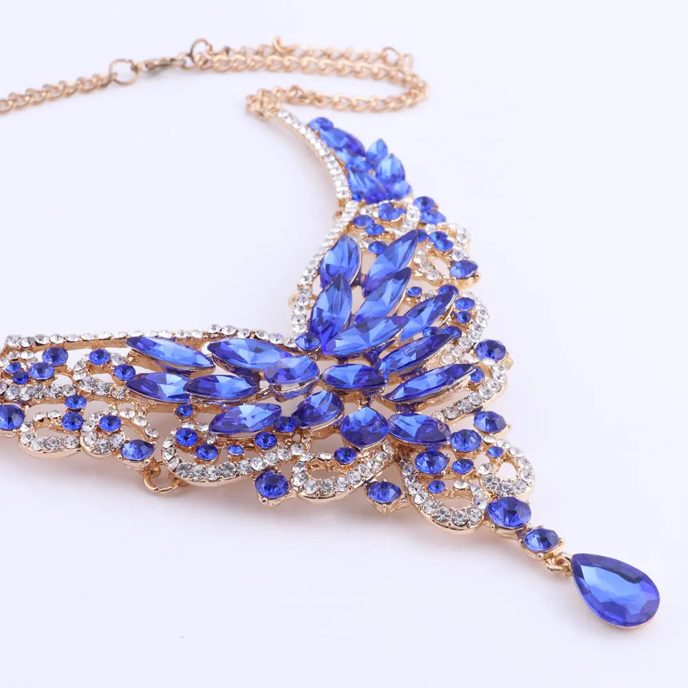 Women Bridal Crystal Rhinestone Choker Statement Gold Color Necklace Earrings Jewelry Set Gifts Fit With Wedding Party Dress