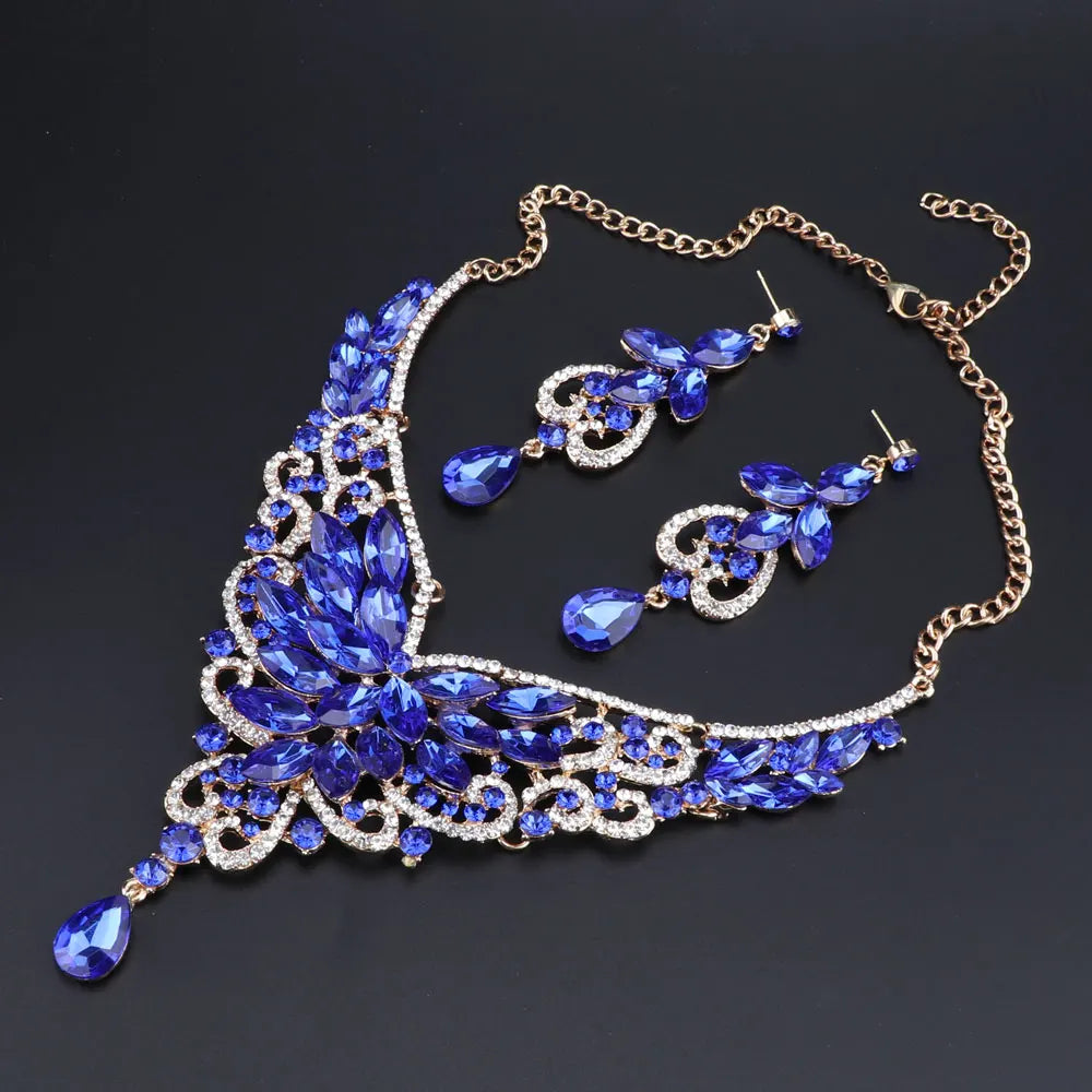 Women Bridal Crystal Rhinestone Choker Statement Gold Color Necklace Earrings Jewelry Set Gifts Fit With Wedding Party Dress