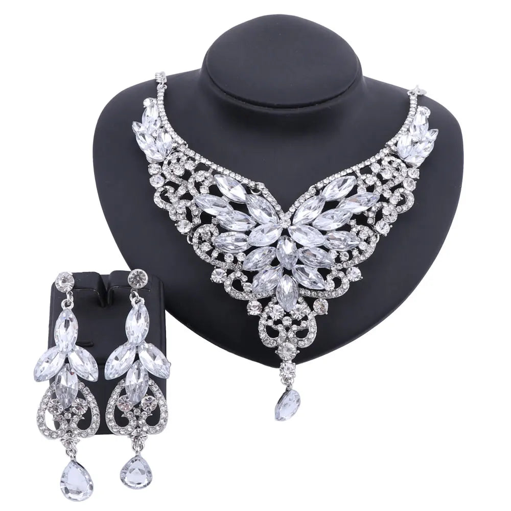Women Bridal Crystal Rhinestone Choker Statement Gold Color Necklace Earrings Jewelry Set Gifts Fit With Wedding Party Dress