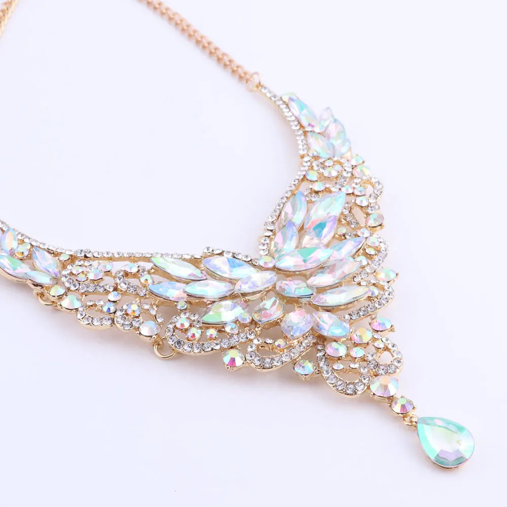 Women Bridal Crystal Rhinestone Choker Statement Gold Color Necklace Earrings Jewelry Set Gifts Fit With Wedding Party Dress