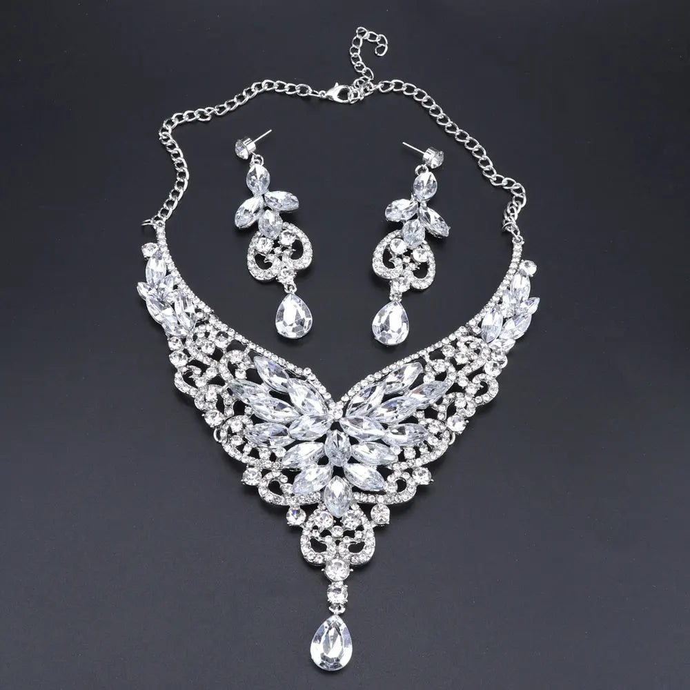 Women Bridal Crystal Rhinestone Choker Statement Gold Color Necklace Earrings Jewelry Set Gifts Fit With Wedding Party Dress