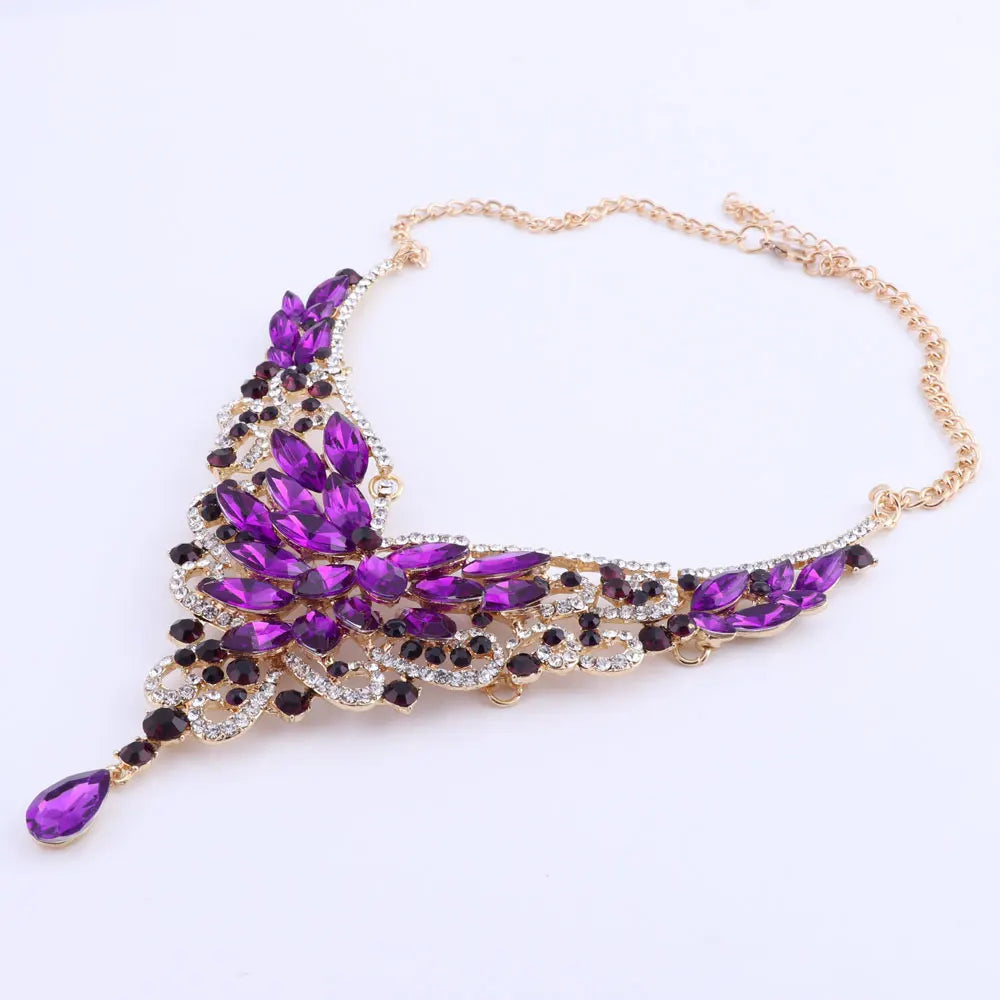 Women Bridal Crystal Rhinestone Choker Statement Gold Color Necklace Earrings Jewelry Set Gifts Fit With Wedding Party Dress