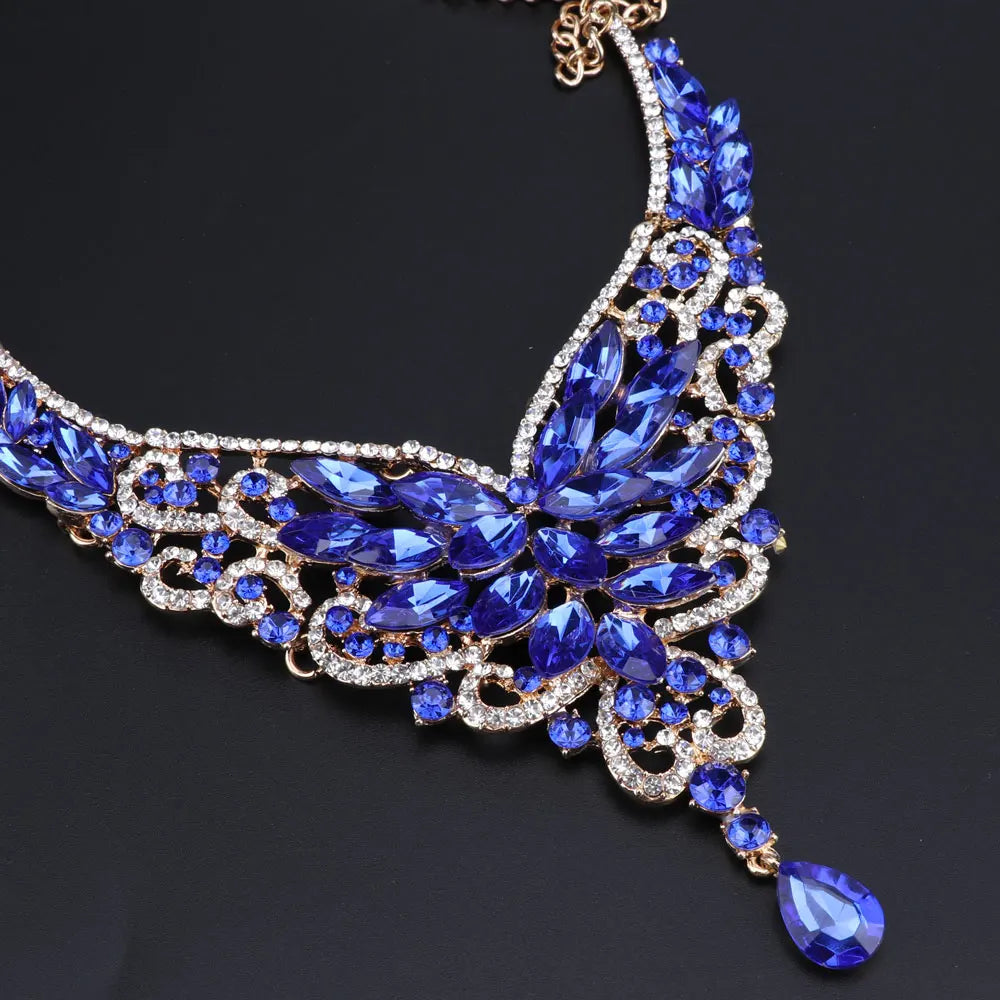 Women Bridal Crystal Rhinestone Choker Statement Gold Color Necklace Earrings Jewelry Set Gifts Fit With Wedding Party Dress