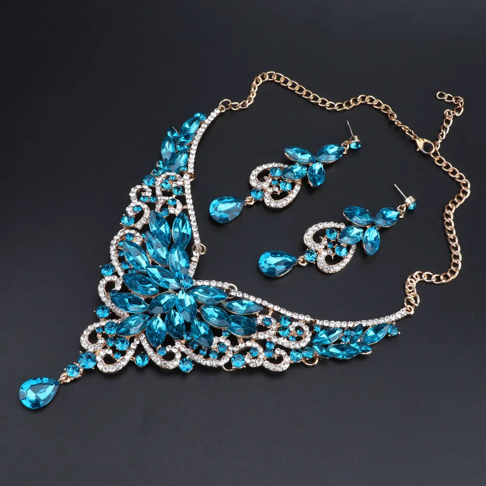 Women Bridal Crystal Rhinestone Choker Statement Gold Color Necklace Earrings Jewelry Set Gifts Fit With Wedding Party Dress