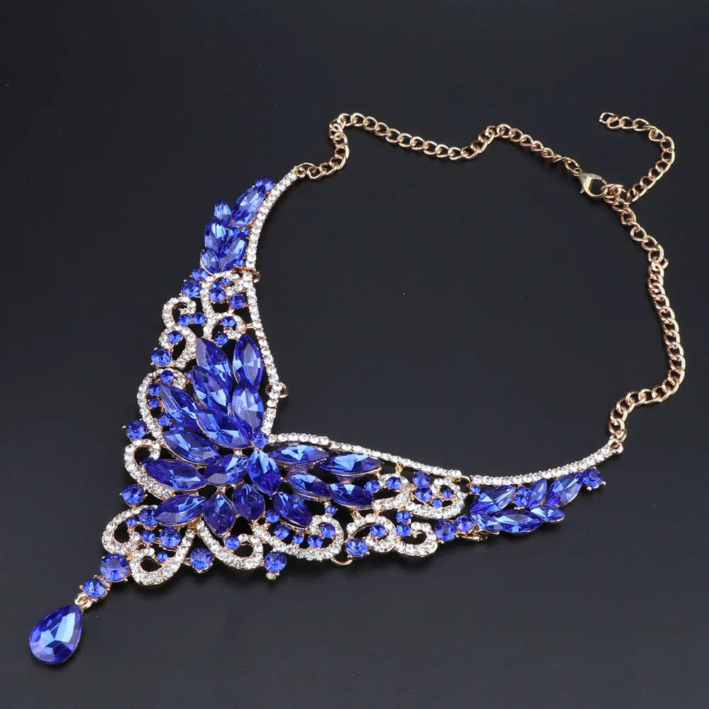 Women Bridal Crystal Rhinestone Choker Statement Gold Color Necklace Earrings Jewelry Set Gifts Fit With Wedding Party Dress