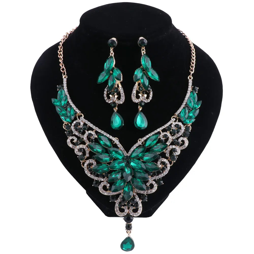 Women Bridal Crystal Rhinestone Choker Statement Gold Color Necklace Earrings Jewelry Set Gifts Fit With Wedding Party Dress