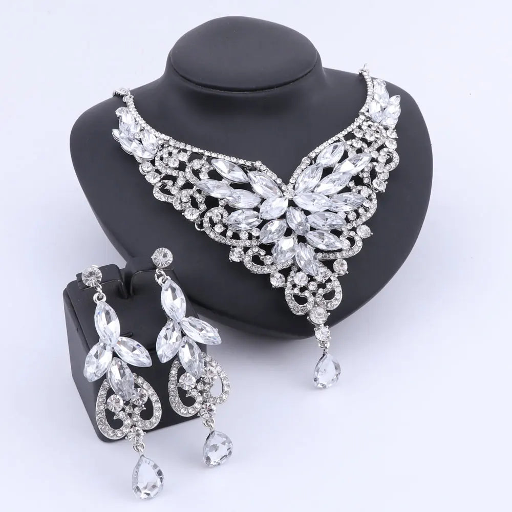 Women Bridal Crystal Rhinestone Choker Statement Gold Color Necklace Earrings Jewelry Set Gifts Fit With Wedding Party Dress
