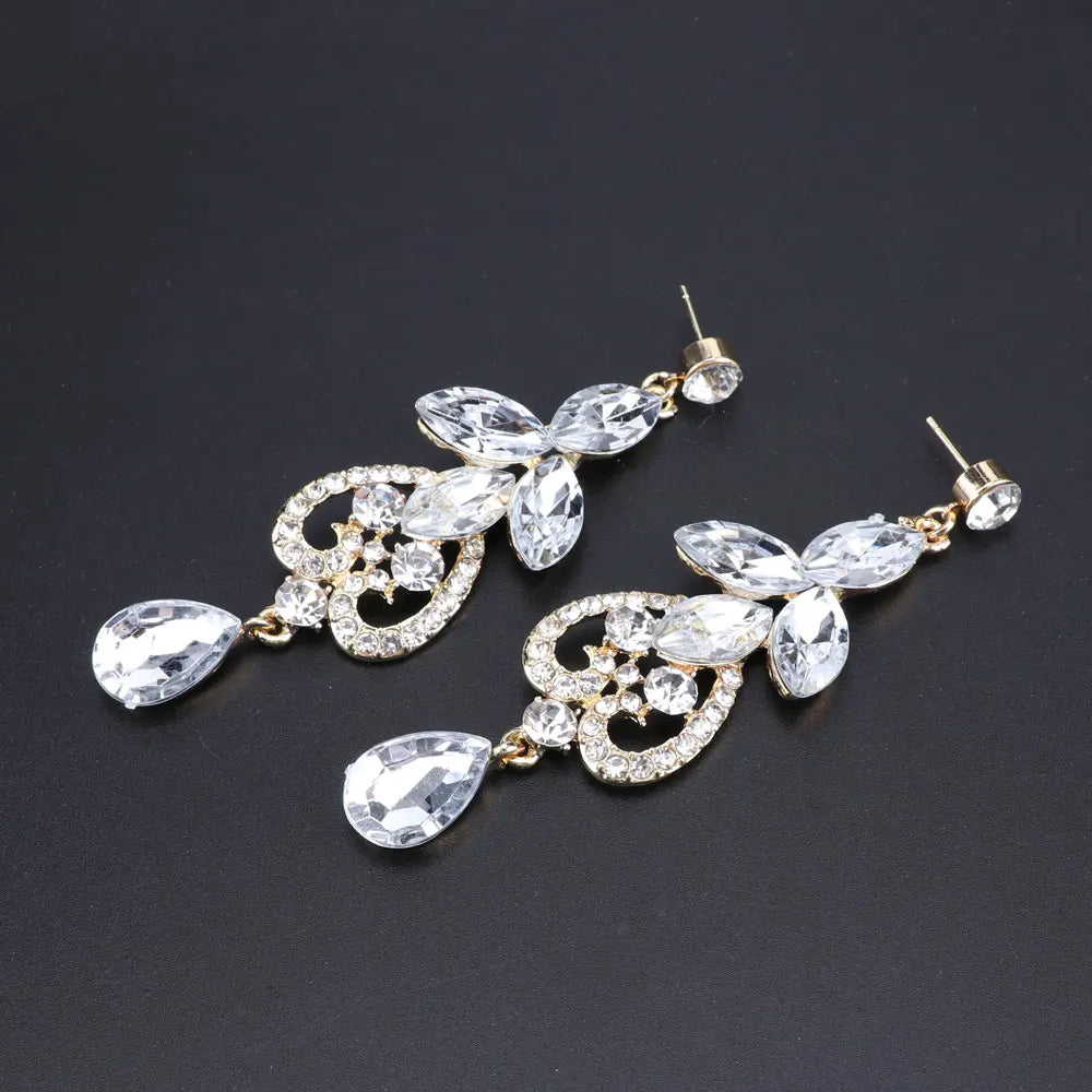 Women Bridal Crystal Rhinestone Choker Statement Gold Color Necklace Earrings Jewelry Set Gifts Fit With Wedding Party Dress