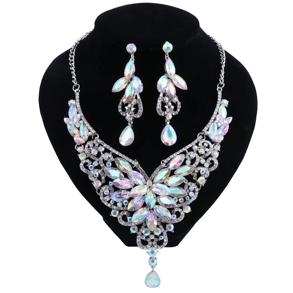 Women Bridal Crystal Rhinestone Choker Statement Gold Color Necklace Earrings Jewelry Set Gifts Fit With Wedding Party Dress