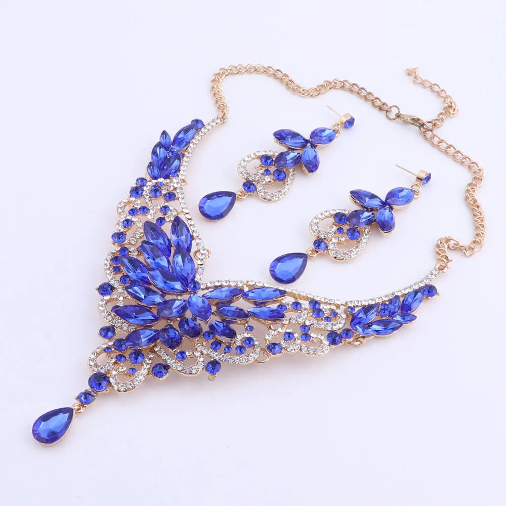 Women Bridal Crystal Rhinestone Choker Statement Gold Color Necklace Earrings Jewelry Set Gifts Fit With Wedding Party Dress