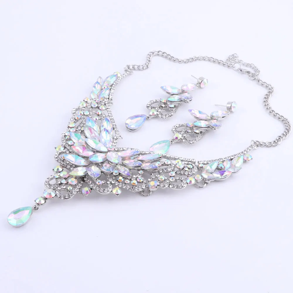 Women Bridal Crystal Rhinestone Choker Statement Gold Color Necklace Earrings Jewelry Set Gifts Fit With Wedding Party Dress