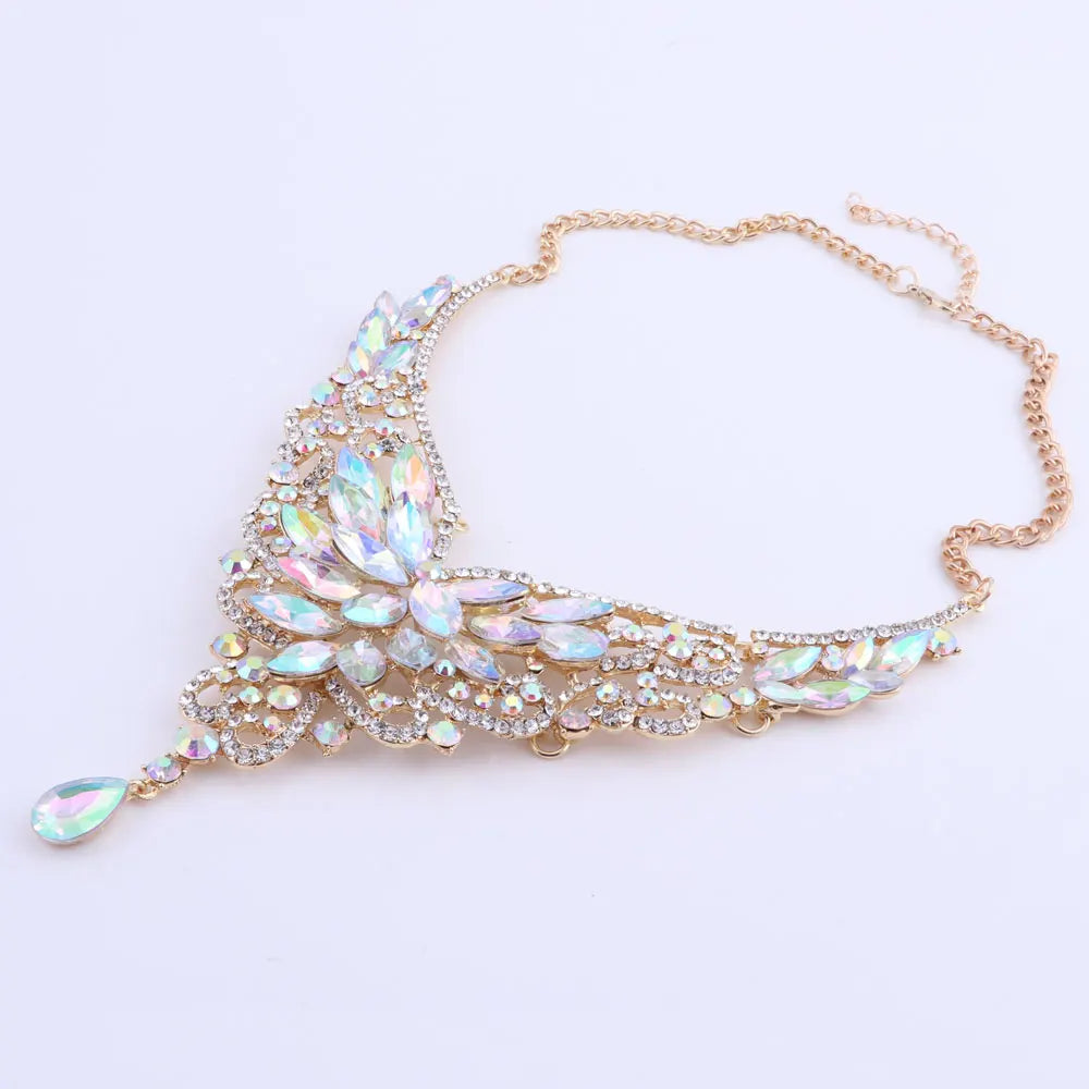 Women Bridal Crystal Rhinestone Choker Statement Gold Color Necklace Earrings Jewelry Set Gifts Fit With Wedding Party Dress