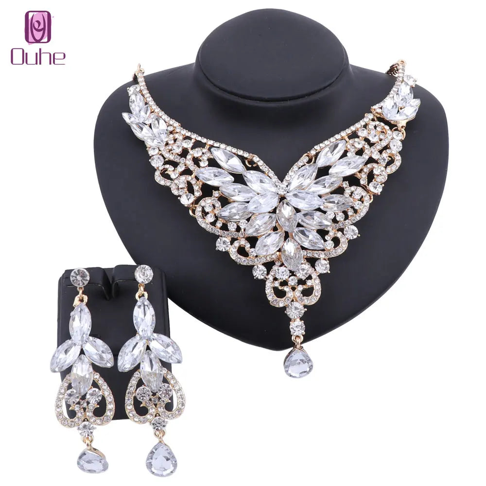 Women Bridal Crystal Rhinestone Choker Statement Gold Color Necklace Earrings Jewelry Set Gifts Fit With Wedding Party Dress