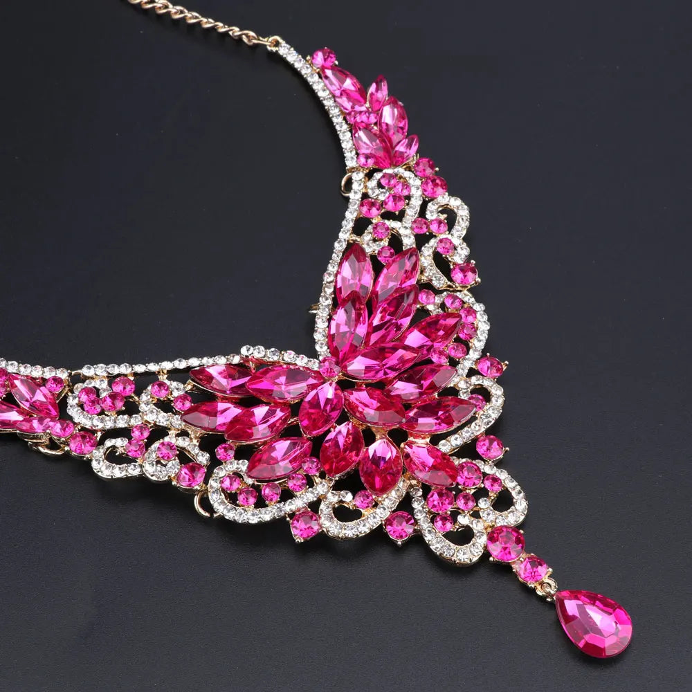 Women Bridal Crystal Rhinestone Choker Statement Gold Color Necklace Earrings Jewelry Set Gifts Fit With Wedding Party Dress