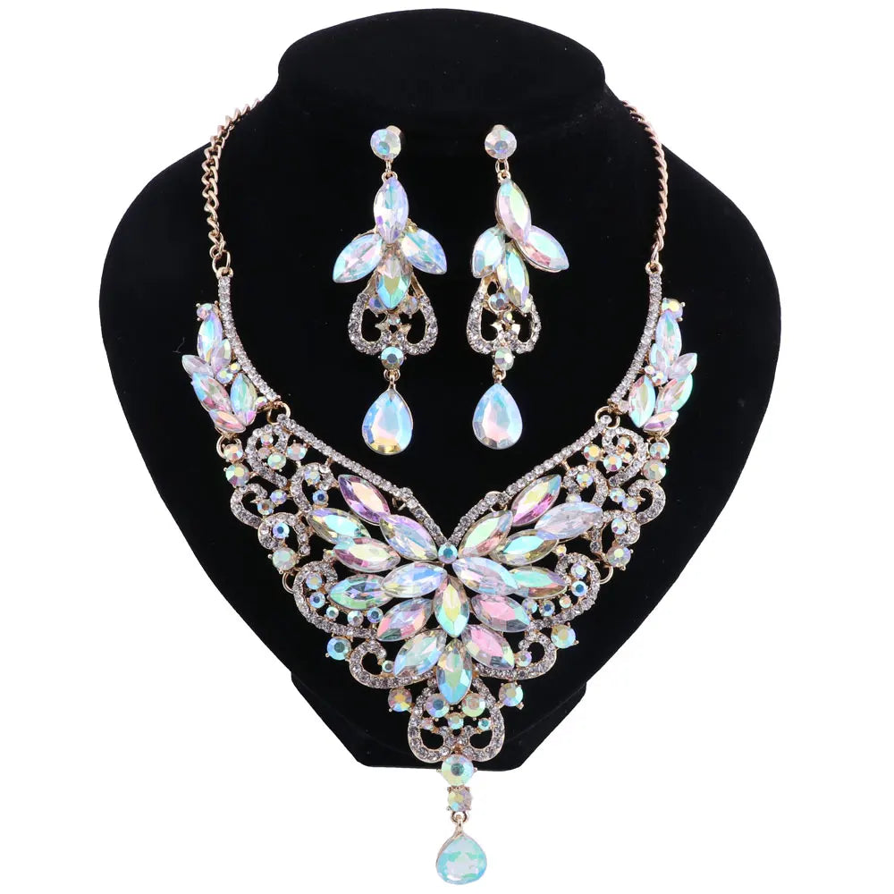 Women Bridal Crystal Rhinestone Choker Statement Gold Color Necklace Earrings Jewelry Set Gifts Fit With Wedding Party Dress