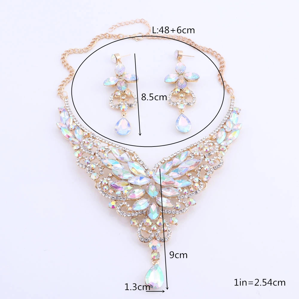 Women Bridal Crystal Rhinestone Choker Statement Gold Color Necklace Earrings Jewelry Set Gifts Fit With Wedding Party Dress