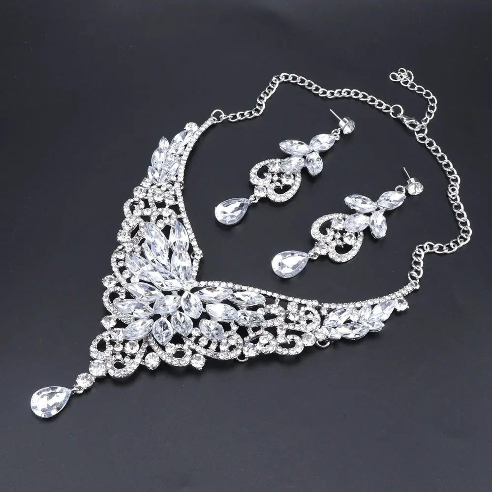 Women Bridal Crystal Rhinestone Choker Statement Gold Color Necklace Earrings Jewelry Set Gifts Fit With Wedding Party Dress