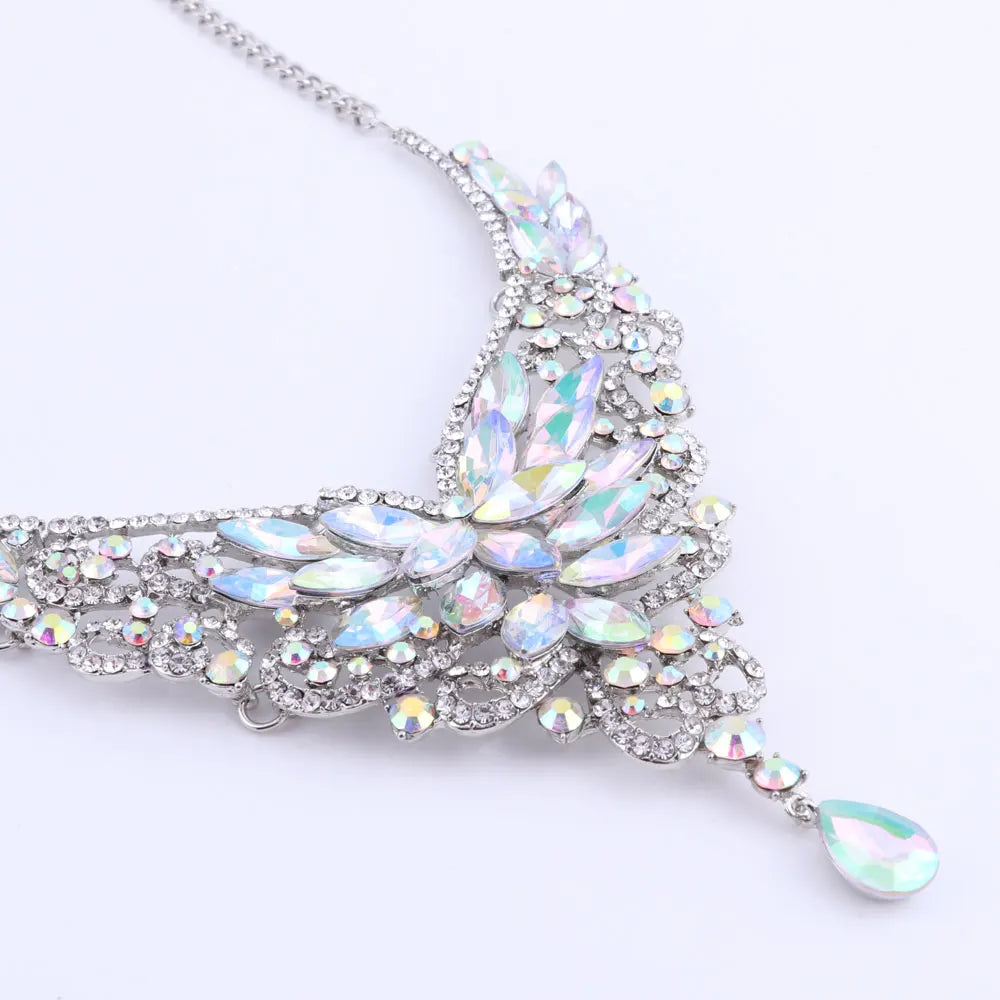 Women Bridal Crystal Rhinestone Choker Statement Gold Color Necklace Earrings Jewelry Set Gifts Fit With Wedding Party Dress