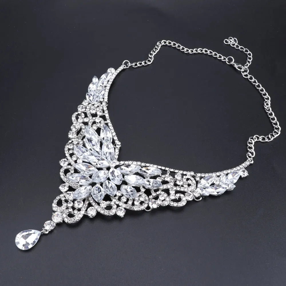 Women Bridal Crystal Rhinestone Choker Statement Gold Color Necklace Earrings Jewelry Set Gifts Fit With Wedding Party Dress