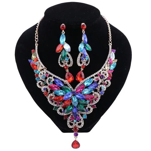 Women Bridal Crystal Rhinestone Choker Statement Gold Color Necklace Earrings Jewelry Set Gifts Fit With Wedding Party Dress