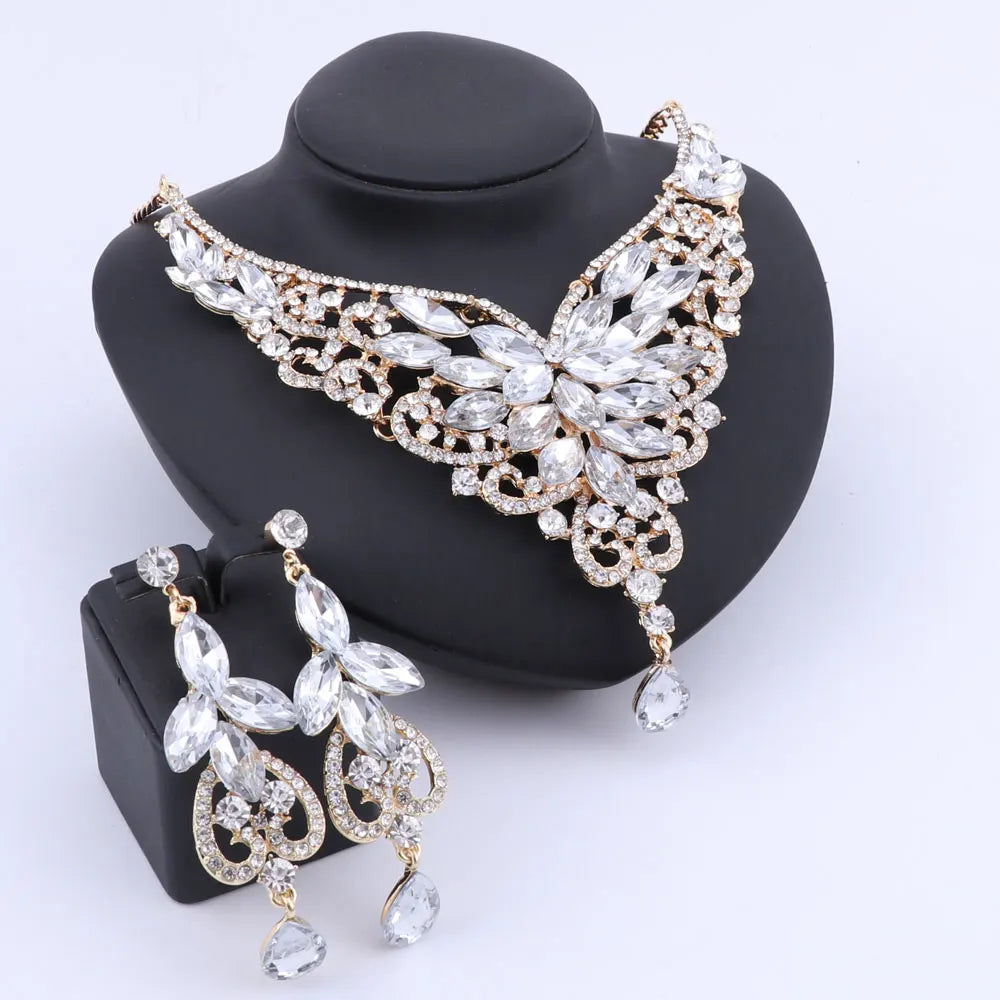 Women Bridal Crystal Rhinestone Choker Statement Gold Color Necklace Earrings Jewelry Set Gifts Fit With Wedding Party Dress