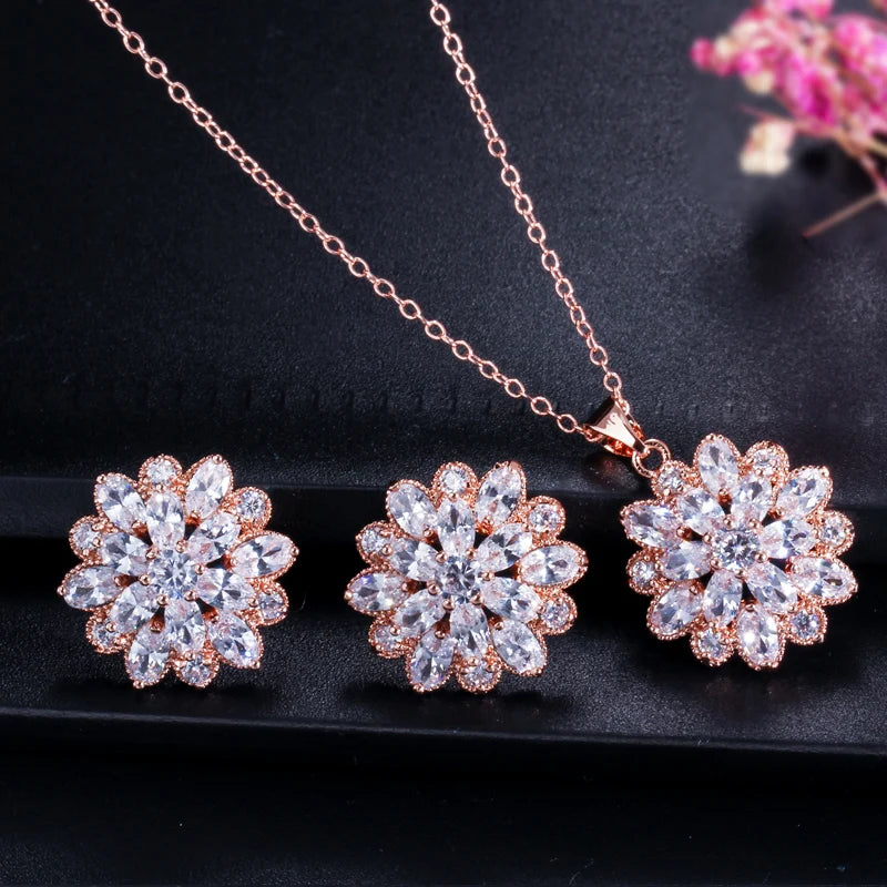 CWWZircons Brand Clear White CZ Crystal Rose Gold Color Flower Earrings And Necklace Jewelry Set For Ladies Fashion Gift T179