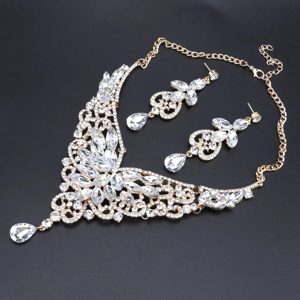 Women Bridal Crystal Rhinestone Choker Statement Gold Color Necklace Earrings Jewelry Set Gifts Fit With Wedding Party Dress
