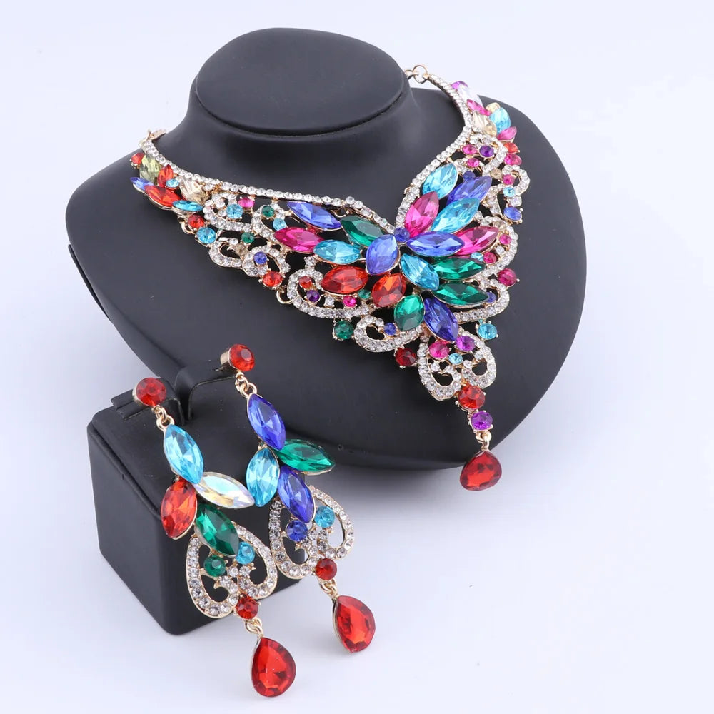 Women Bridal Crystal Rhinestone Choker Statement Gold Color Necklace Earrings Jewelry Set Gifts Fit With Wedding Party Dress