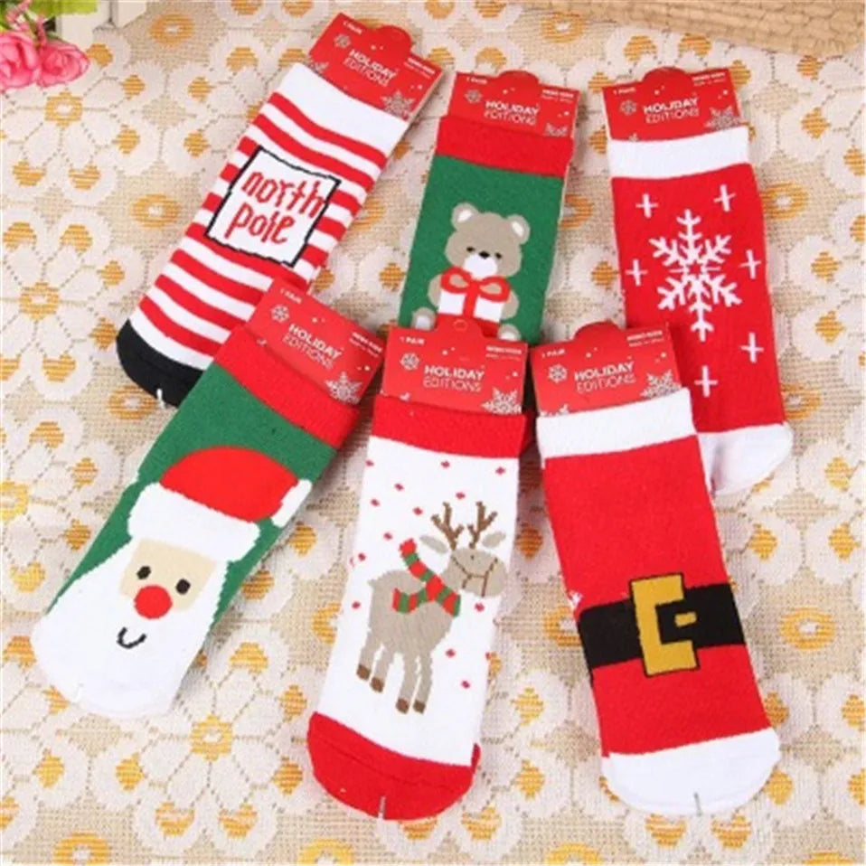 1 Pair Cotton Spring Winter Autumn Baby Girls Boys Kids Socks Children Striped Terry Snowflake Elk Santa Claus Christmas Bear