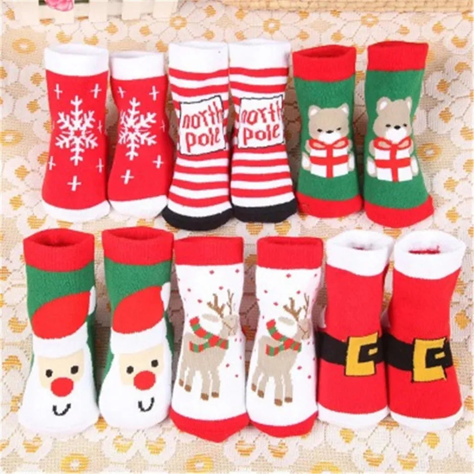 1 Pair Cotton Spring Winter Autumn Baby Girls Boys Kids Socks Children Striped Terry Snowflake Elk Santa Claus Christmas Bear