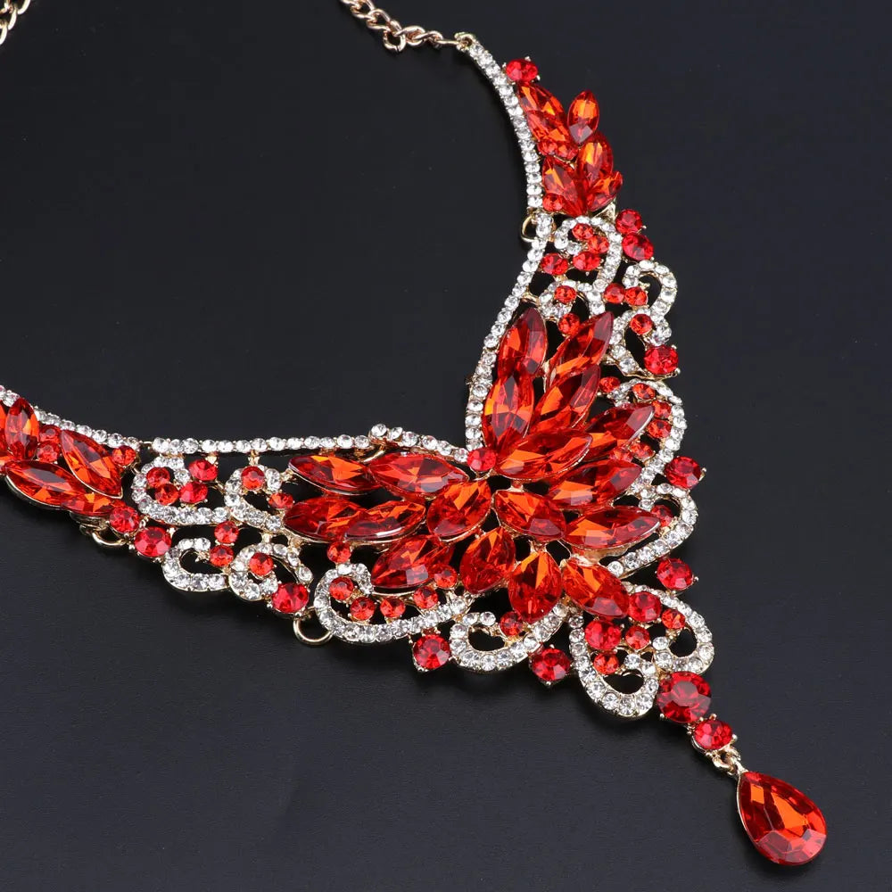 Women Bridal Crystal Rhinestone Choker Statement Gold Color Necklace Earrings Jewelry Set Gifts Fit With Wedding Party Dress