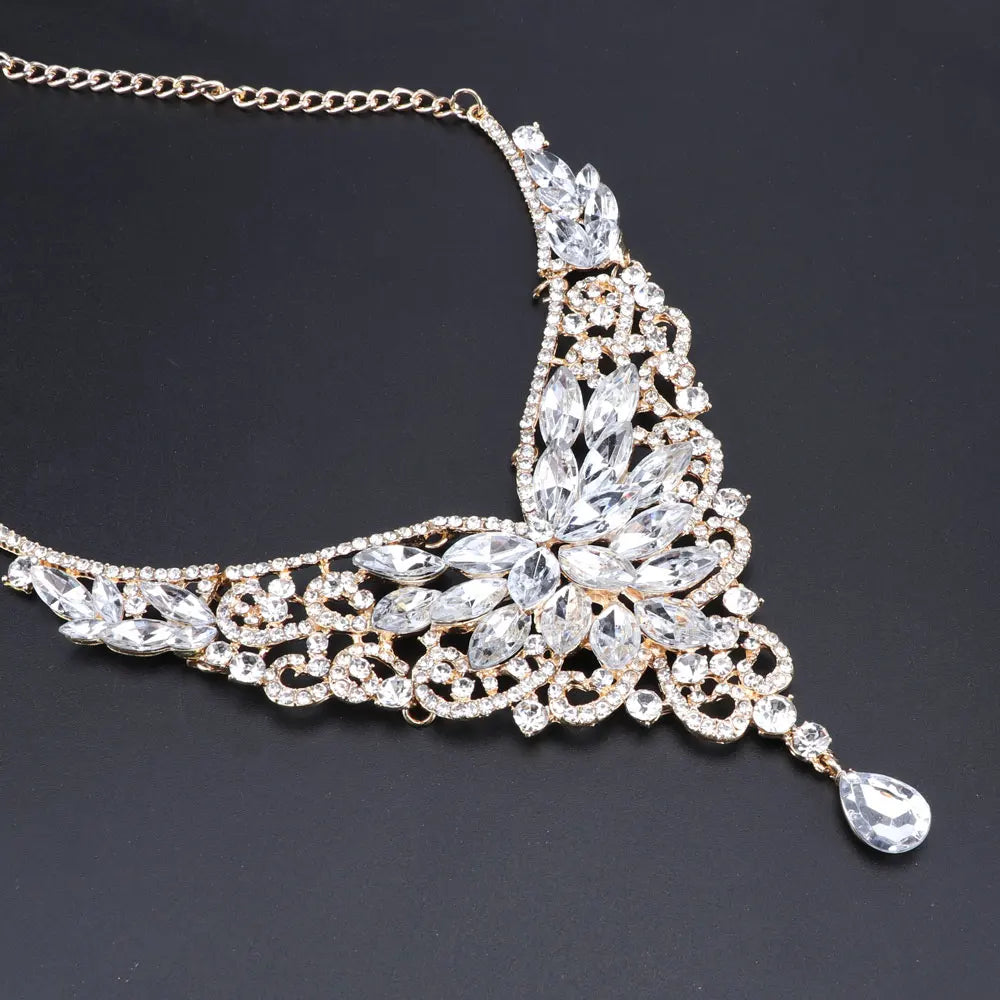 Women Bridal Crystal Rhinestone Choker Statement Gold Color Necklace Earrings Jewelry Set Gifts Fit With Wedding Party Dress