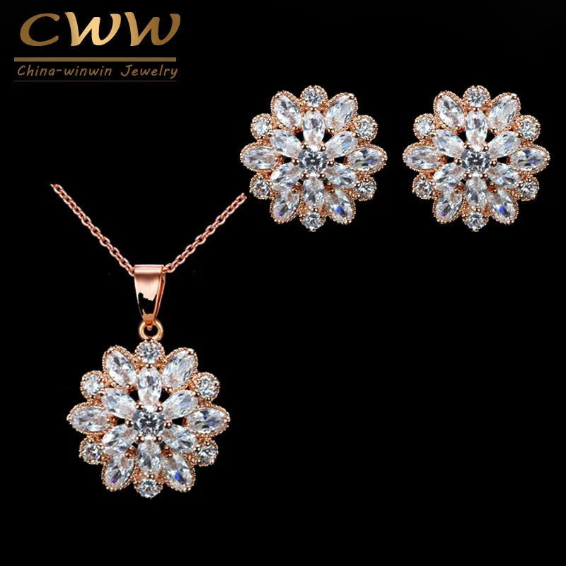 CWWZircons Brand Clear White CZ Crystal Rose Gold Color Flower Earrings And Necklace Jewelry Set For Ladies Fashion Gift T179
