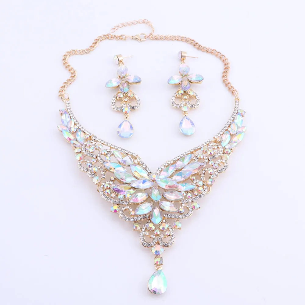 Women Bridal Crystal Rhinestone Choker Statement Gold Color Necklace Earrings Jewelry Set Gifts Fit With Wedding Party Dress